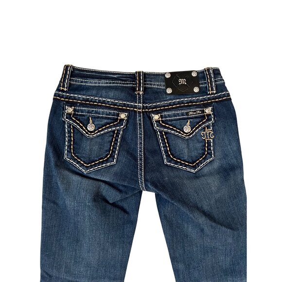 Miss Me Mid Rise Bootcut Jeans Women's Size 27 Blue Denim Dark Wash Big Stitch - Picture 8 of 9